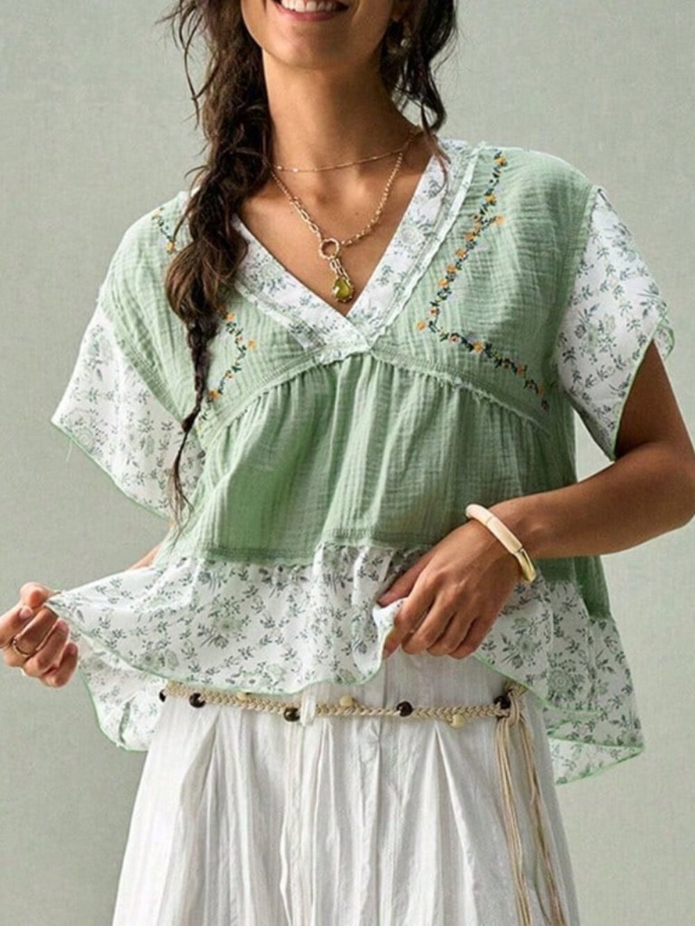 Green Cute Boho Women's French V-Neck Blouse Floral